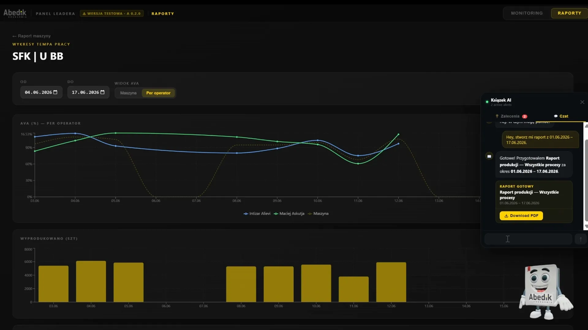 Książek AI generates a production report on demand — and serves a ready PDF